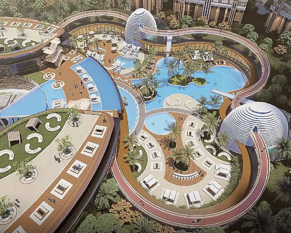 Aerial view of the Elysian Club and landscape between the towers (artist's impression)