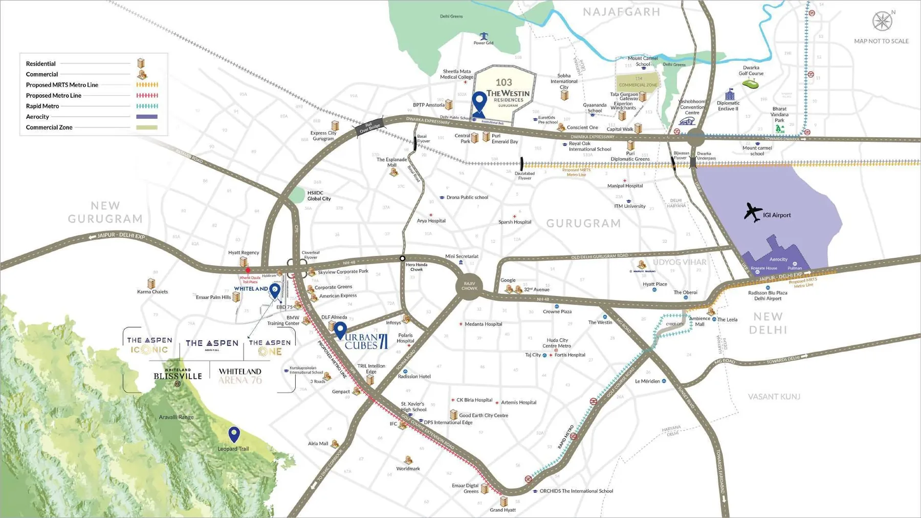 Location map of The Westin Residences, Sector 103, on Dwarka Expressway with Global City, Yashobhoomi, Diplomatic Enclave II, Dwarka Golf Course and IGI Airport