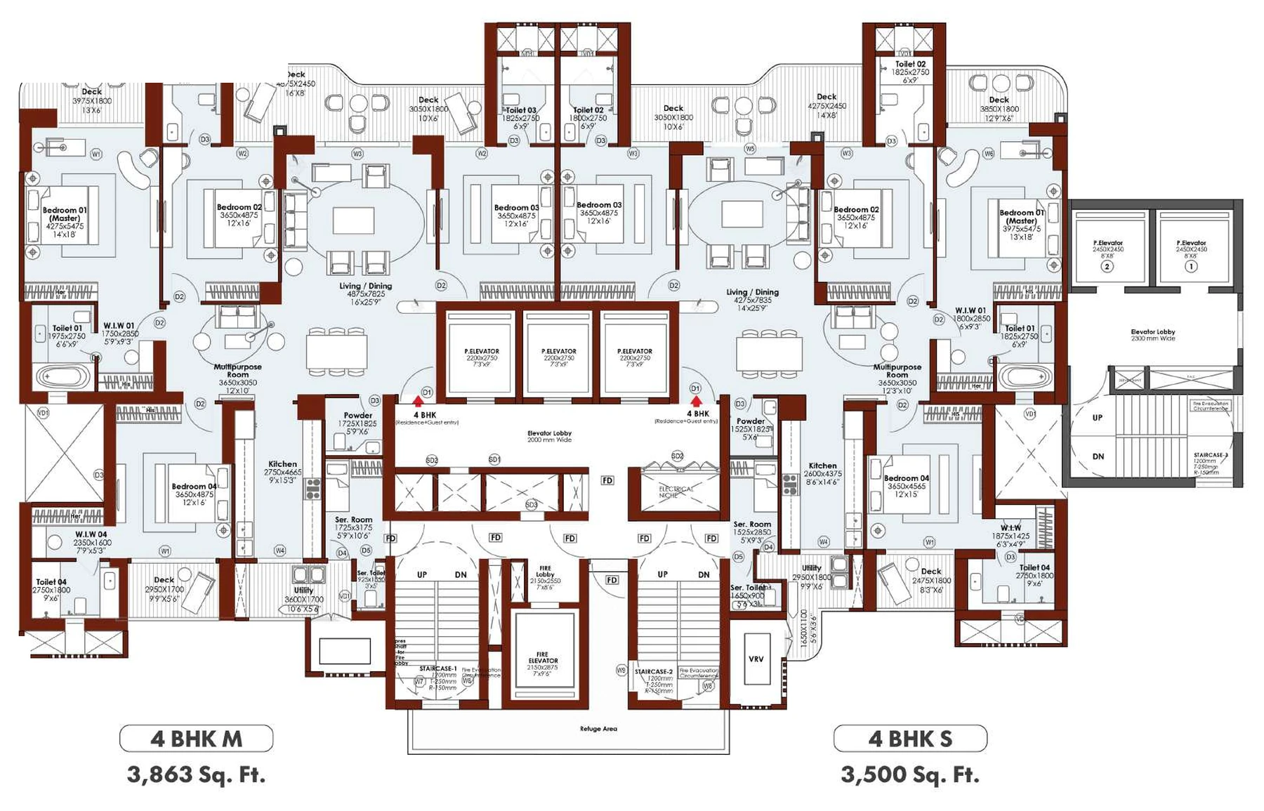 Typical floor plan of the 4 BHK M and 4 BHK S residences
