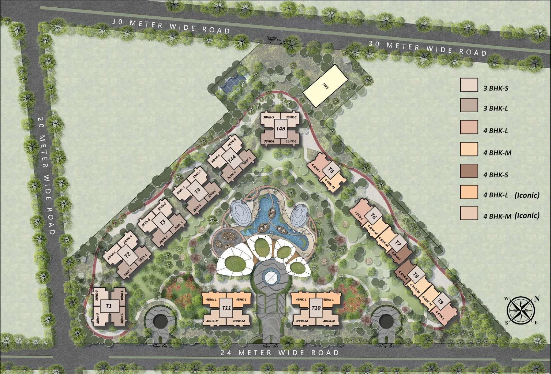 Master plan of The Westin Residences showing the towers, central landscape and surrounding roads (artist's impression)